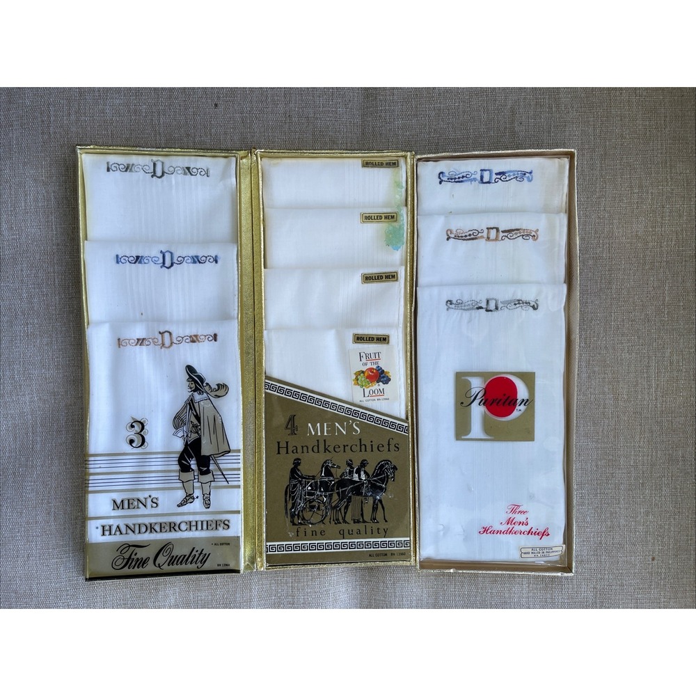 Vintage Fruit Of The Loom Handkerchief Puritan Men's 3 Boxes Embroidered NOS Hem